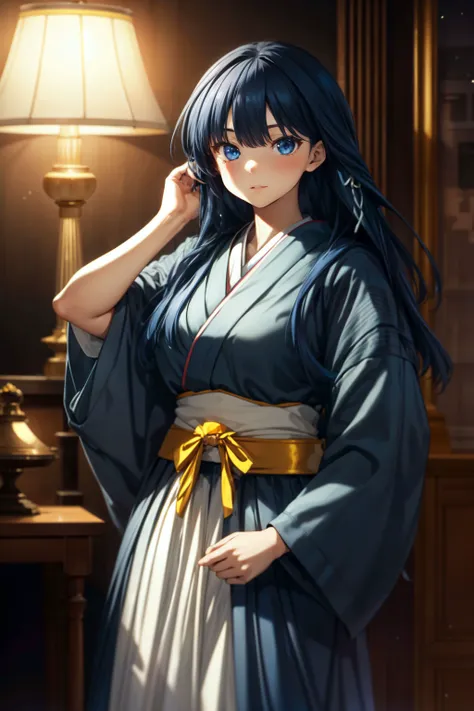 1girl, bangs, black_hair, blue_eyes, breasts, candle, candlelight, hakama, hakama_skirt, indoors, japanese_clothes, kimono, lamp, lantern, long_hair, long_sleeves, looking_at_viewer, obi, paper_lantern, sash, skirt, solo, wide_sleeves