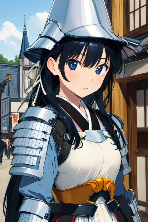 a close up of a person wearing a hat and armor