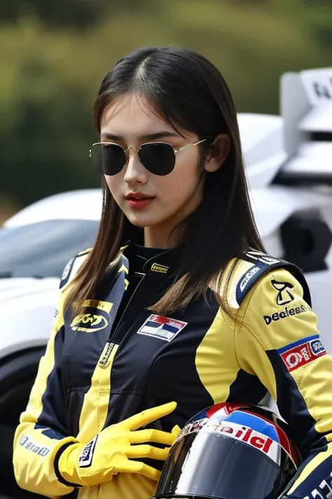 best quality,masterpiece,<lora:kohaku_v01-000006:0.8>,kohaku,tear drop sunglass,blunt bangs,flat chest,yellow racing suit,fingerless gloves,f1 driver,good face,holding white helmet,