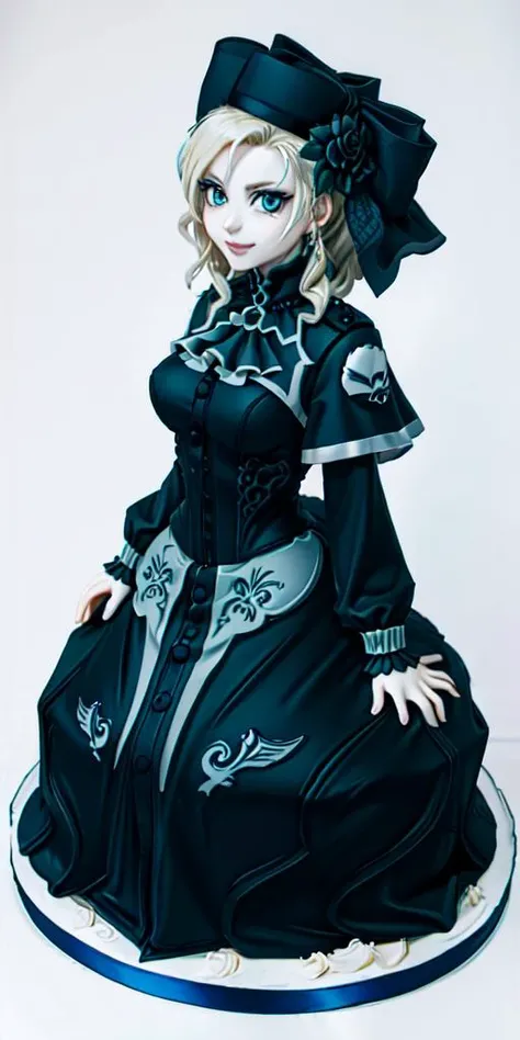 <lora:WhippedCreamTopStyle:0.3> WhippedCreamTopStyle,(CakeStyle:1.5) <lora:kriemhild-lora-nochekaiser:1> dress,Marzipan cake shaped like kriemhild dress. <lora:CakeStyle:1>,blue eyes, long hair, mole under eye, pale skin, white hair, wavy hair,ascot, (blac...