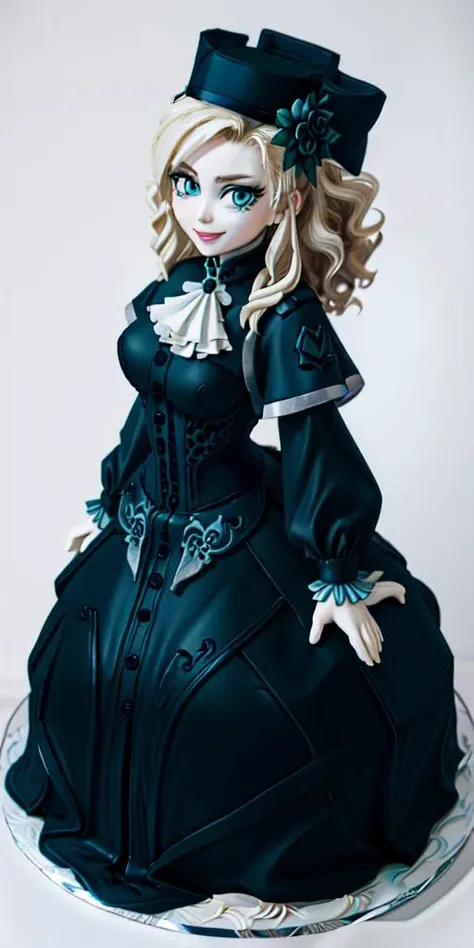 <lora:WhippedCreamTopStyle:0.3> WhippedCreamTopStyle,(CakeStyle:1.5) <lora:kriemhild-lora-nochekaiser:1> dress,Marzipan cake shaped like kriemhild dress. <lora:CakeStyle:1>,blue eyes, long hair, mole under eye, pale skin, white hair, wavy hair,ascot, (blac...