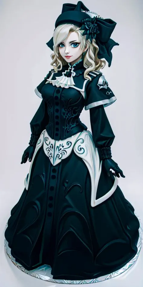 <lora:WhippedCreamTopStyle:0.3> WhippedCreamTopStyle,(CakeStyle:1.5) <lora:kriemhild-lora-nochekaiser:1> dress,Marzipan cake shaped like kriemhild dress. <lora:CakeStyle:1>,blue eyes, long hair, mole under eye, pale skin, white hair, wavy hair,ascot, (blac...