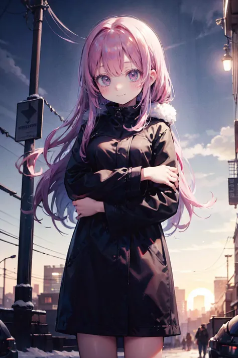 absurdres, highres, (ultra detailed:1.0), BREAK 1girl,smiling face ,kawaii, pink hair, long hair,  winter clothes,Black duffle coat,(cyberpunk city, In the tranquil embrace of the winter evening, a girl stands beneath the canvas of the twilight sky, the hu...