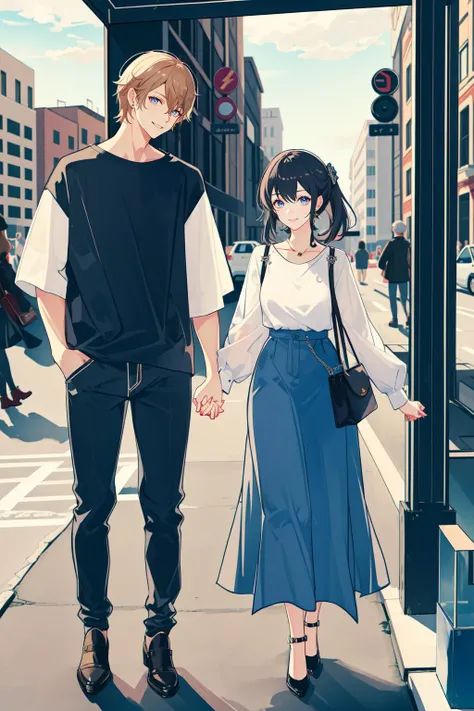 masterpiece, best quality, 2others, couple, 1man with 1woman, mature, adult, Height difference, different fashion, different color, finely detailed eyes and detailed face, intricate details, casual clothes, oversized shirt, modern urban street, holding han...