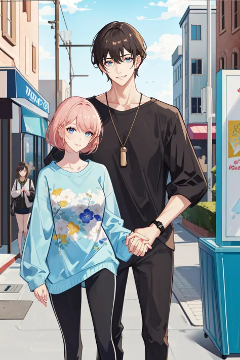 masterpiece, best quality, 2others, couple, 1man with 1woman, mature, adult, Height difference, different fashion, different color, finely detailed eyes and detailed face, intricate details, casual clothes, oversized shirt, modern urban street, holding han...