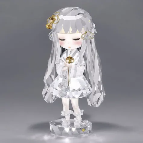 <lora:crystallthings:1.0>, crystallthings, glass figurine, crystal,1girl, = =, bell, bubble, facing viewer, grey hair, hair bell, hair ornament, japanese clothes, long hair, lying, miko, on side, parted lips, sleeping, socks, solo, very long hair, white le...