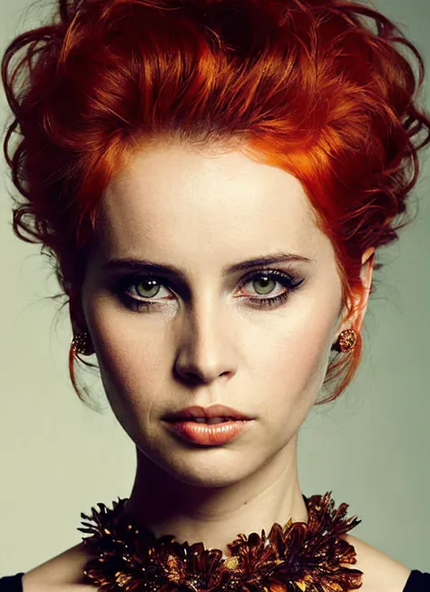 portrait of sks woman by Flora Borsi, style by Flora Borsi, bold, bright colours, orange Mohawk haircut, ((Flora Borsi)), <lora:locon_felicity_v1_from_v1_64_32:1.4>