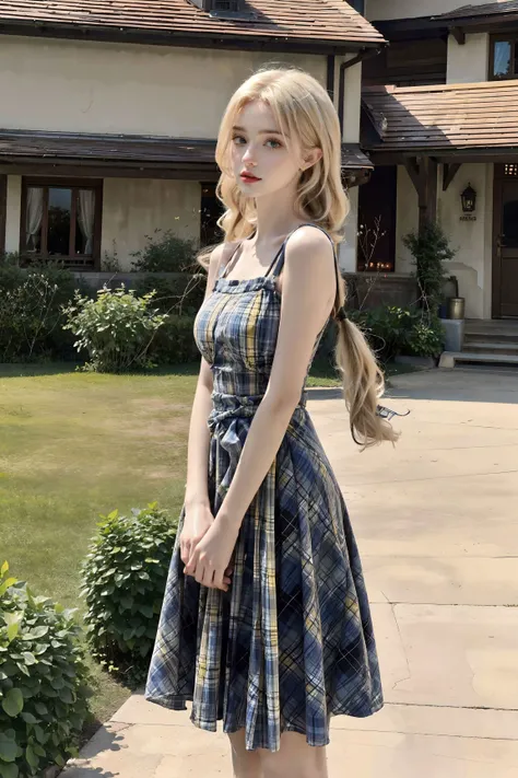 <lora:CyberBeautyV30:0.7>, <lora:Beautiful_Dress:0.55>,(red/yellow/blue/green/black/purple plaid dress),1girl, blonde hair, blue eyes, realistic,photorealistic, cowboy shot, low twintails, looking at viewer,standing, upper body, outdoors, european town, eu...