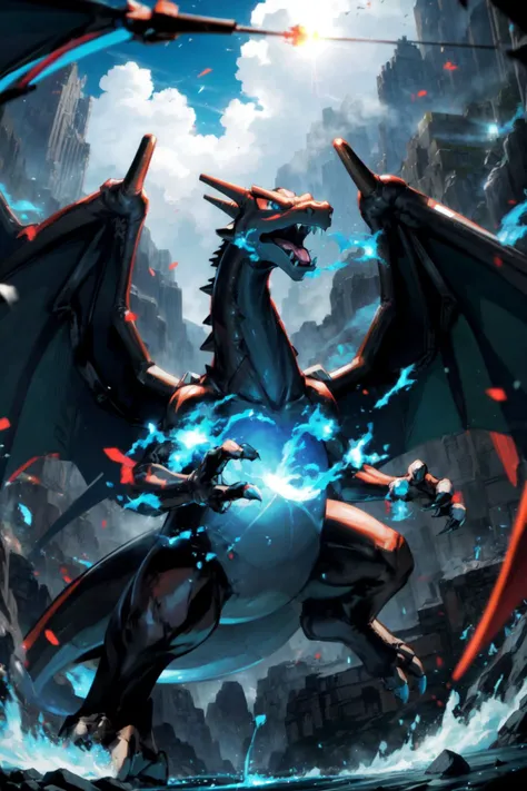 solo, <lora:Charizard_Pokemon_Combined:0.7>, Mega_Charizard_X_Pokemon, (black skin), two wings, dragon, outdoors, mountain, <lora:add_detail:0.7>,