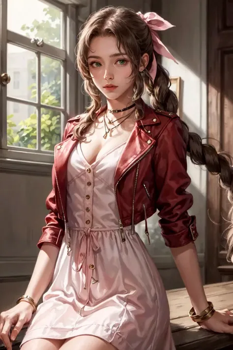 best quality,masterpiece,highres,original,extremely detailed wallpaper,perfect lighting,extremely detailed CG,<lora:add_detail:0.3>,perfect_photography.txt,
<lora:aerith-nvwls-v1:0.8>,aerith gainsborough,choker,cropped jacket,hair bow,bracelet,pink dress,b...