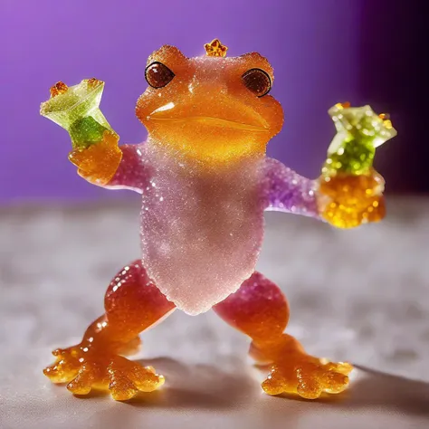 there is a plastic frog that is holding a piece of fruit