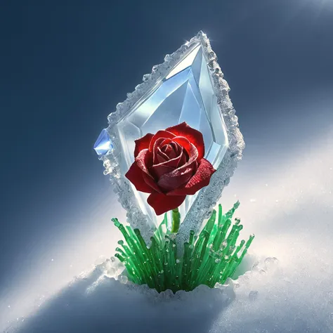 there is a rose in a glass vase on a snowy surface