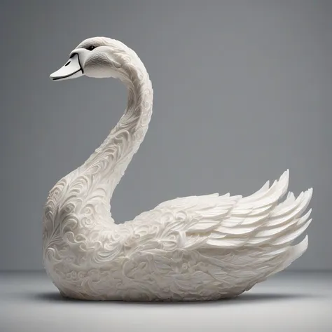 a close up of a white swan statue on a gray surface