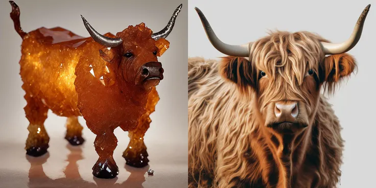 kcrstal17xl analog realistic Decadent Movement colour photo of a Highland cow with one pair of horns, very detailed, award-winning