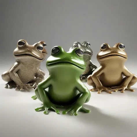 three frogs sitting on a white surface with one sitting on the ground