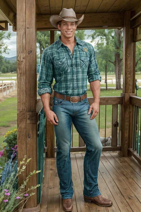 arafed man in a cowboy hat and jeans standing on a porch