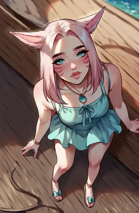 anime girl with pink hair and blue dress sitting on a wooden deck