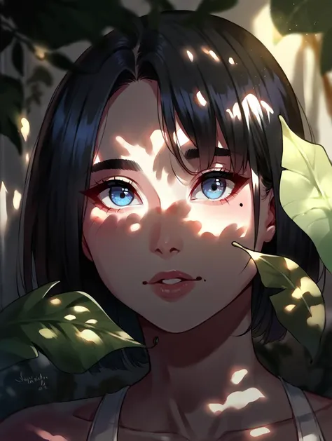 anime girl with blue eyes and black hair holding a leaf