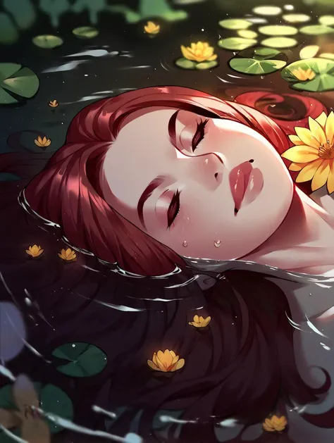 anime girl with red hair and yellow flower floating in water