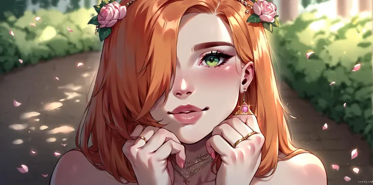 anime girl with red hair and flower crown in a garden