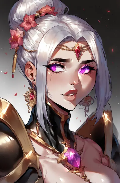 a woman with white hair and purple eyes wearing a gold outfit