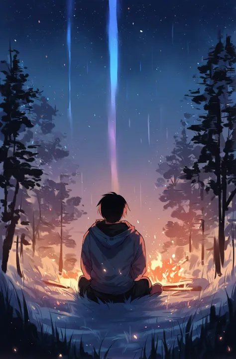 a person sitting in the snow looking at a shooting star