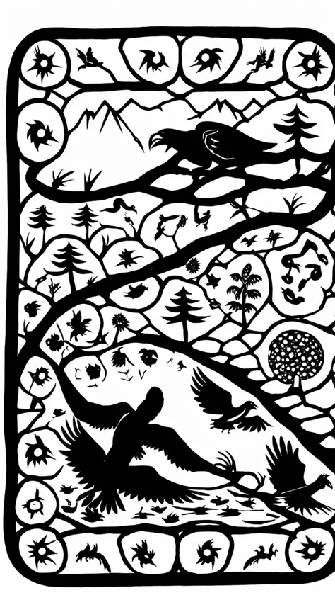 square shape, an eagle swooping down to catch a fish leaping out of a mountain lake, monochrome, papercutting, <lora:papercutting:1>