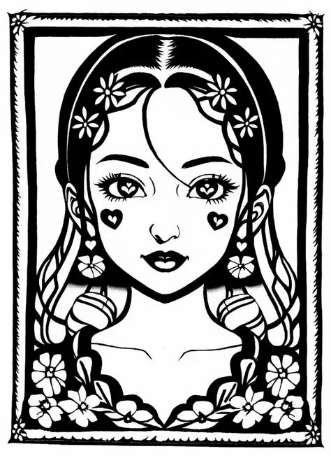 heidi, cutie face, hearts, flowers, monochrome, papercutting, in a square, detailed art <lora:papercutting:1>