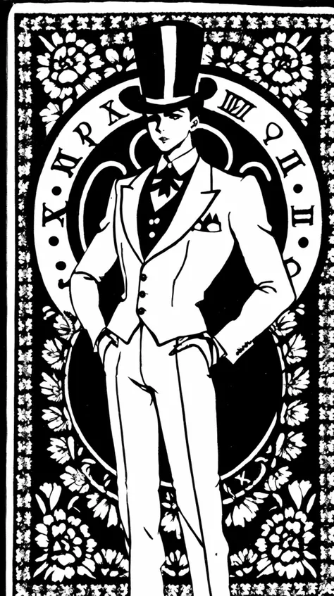 square shape, young man in a sequined rainbow-colored suit with a top hat, diamond-encrusted cane, and a pocket watch, monochrome, papercutting, <lora:papercutting:1>