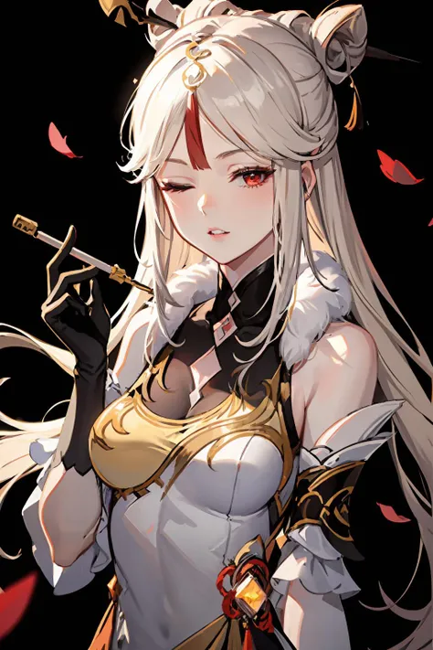 <lora:ningguang:1>ningguang(genshin impact), 1girl, bare shoulders, black background, black gloves, blonde hair, china dress, chinese clothes, claw ring, detached sleeves, dress, flower, gloves, hair flower, hair ornament, holding, holding smoking pipe, lo...