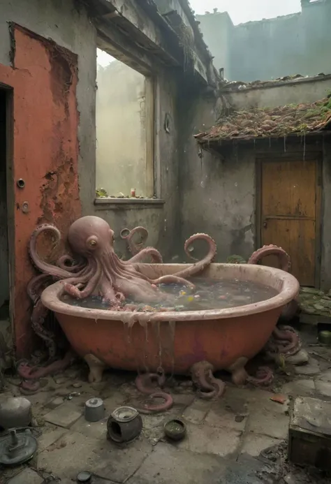 there is a bathtub with an octopus in it in a dirty room