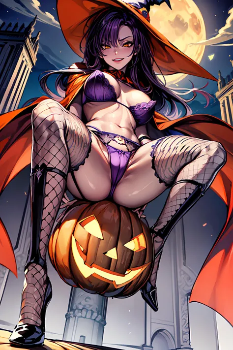 ((masterpiece, best quality)), digital art, anime, Halloween, night, castle, highly detailed full moon, 1 girl riding on flying broom, dutch angle, from below, ((slender)), ((black witch hat)), smirking, highly detailed purple hair, highly detailed shiny y...