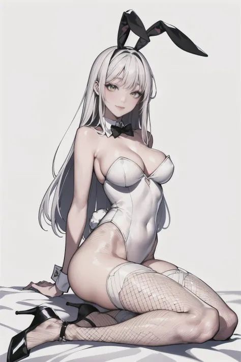 (masterpiece, best quality), 1girl, solo <lora:blanc-v2.5-naivae-final:0.7>, blanc (nikke), long hair, rabbit ears, leotard, white hair, white leotard, bare shoulder, yellow eyes, fishnets, fullbody, medium breasts, bangs, heels, wide hip, black tie, shiny...