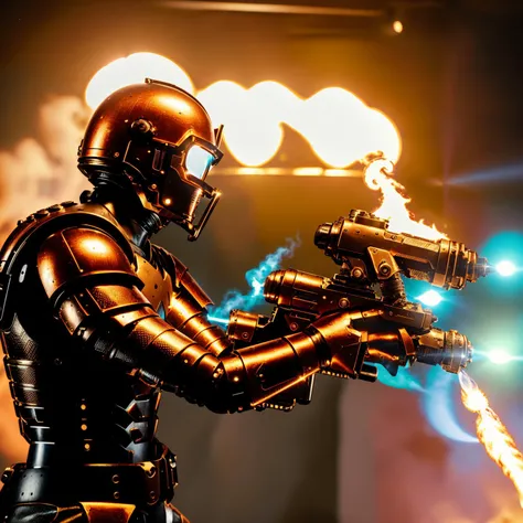 cinematic photo <hypernet:isaacFlame:0.8>ohwx a man in a space suit with a flamethrower, medium shot, side view, empty metal cabinets, high-contrast lighting, masterpiece . 35mm photograph, film, bokeh, professional, 4k, highly detailed