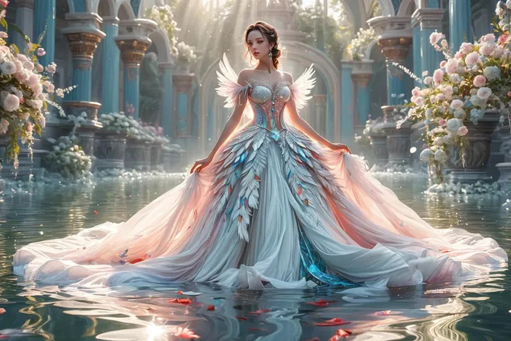 a woman in a dress is standing in a pond of water