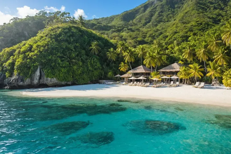 a view of a beach with a hut and palm trees