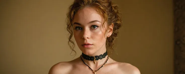 a close up of a woman wearing a choke and a necklace