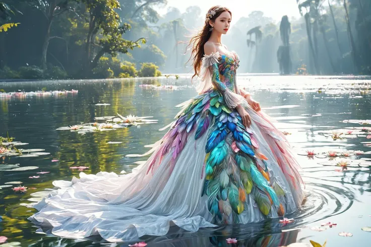 arafed woman in a colorful dress standing in a lake