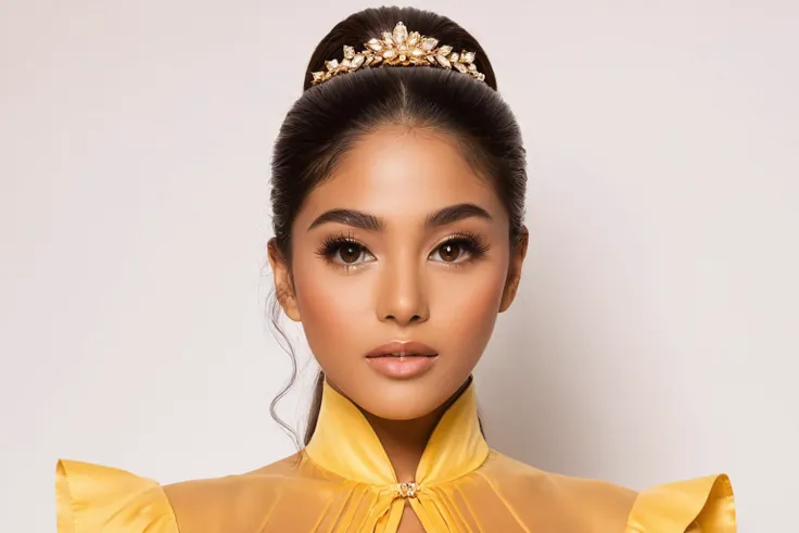 a close up of a woman wearing a yellow dress and a tiable