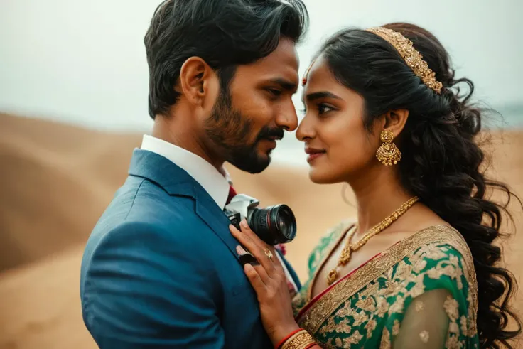 cinematic still, A shot of newly married  Bangladeshi-Rohingya couple,highly detailed skin with hair , emotional, harmonious, vignette, 4k epic detailed, shot on kodak, 35mm photo, sharp focus, high budget, cinemascope, moody, epic, gorgeous, film grain, g...