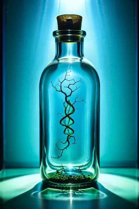 A macroscopic cyanobenthic world inside a clear glass bottle, atompunk poster style, <lora:MJ52:0.1> <lora:add-detail-xl:1>, low key photography, dramatic lighting, deep shadows, rich contrast, moody atmosphere, intense emotions, cinematic feel, mysterious...