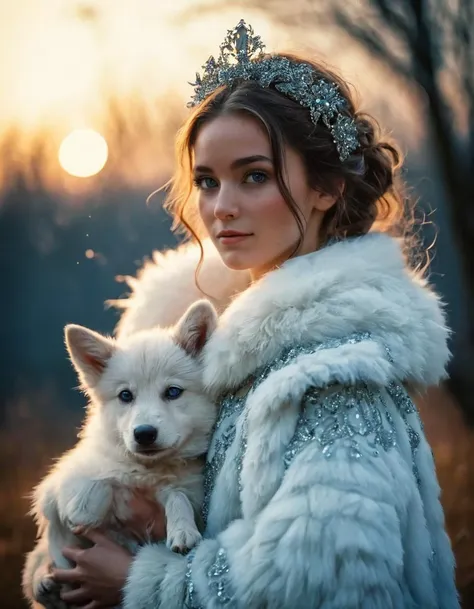 a woman in a fur coat holding a white dog in her arms