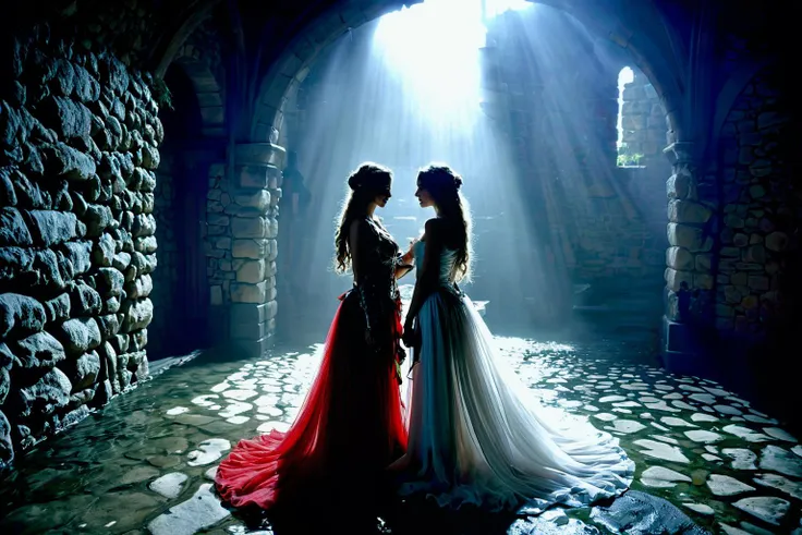 two women in medieval dress standing in a dark room with light coming through the window