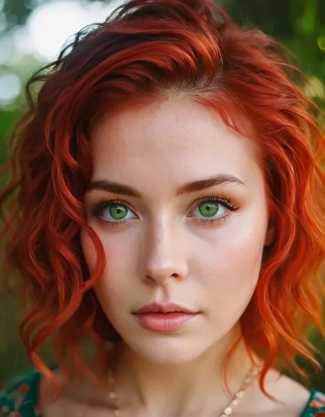 a close up of a woman with red hair and green eyes