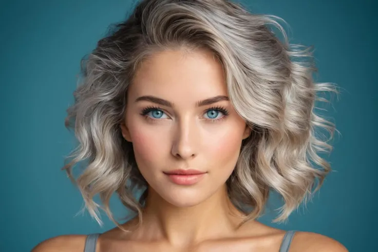 captivating  AI generated image of a caucasian female ever,Hazel-Blue eyes, Grey colored hair in a 360 waves style