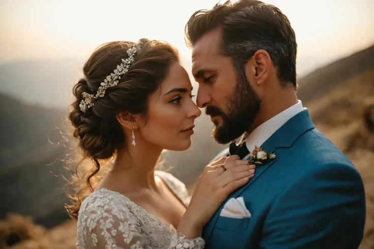 a man and woman in wedding attire standing next to each other