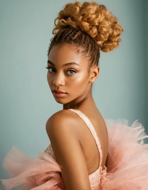 a woman with a very pretty hair and a pink dress