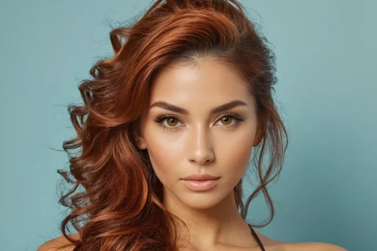 a woman with long red hair and a black bra top