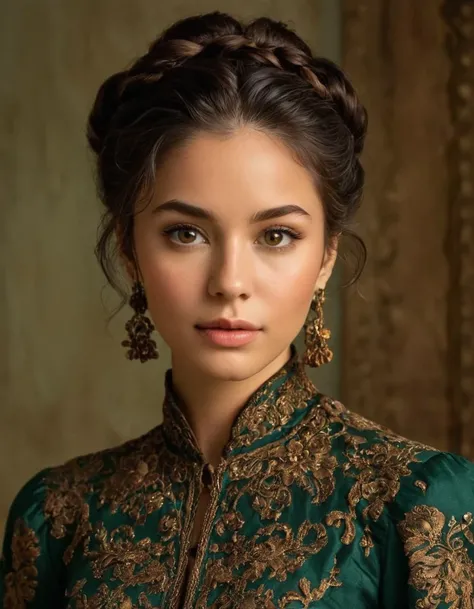 cinematic still the most serene AI generated image of a javanese female ever,Green-Brown eyes, Dark chocolate brown colored hair in a bun with twists style . emotional, harmonious, vignette, 4k epic detailed, shot on kodak, 35mm photo, sharp focus, high bu...