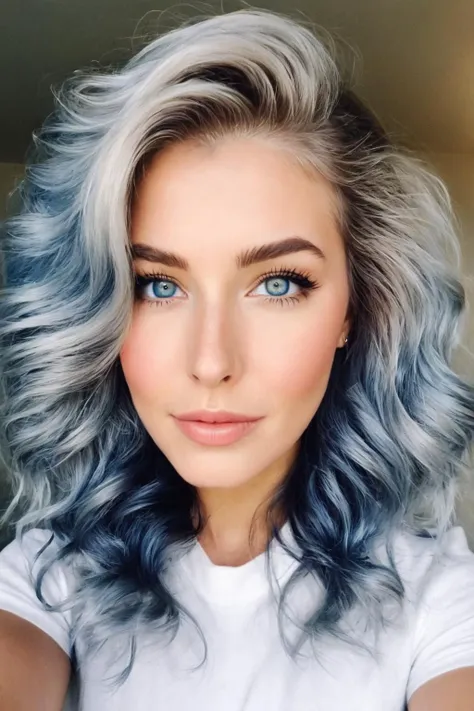 a woman with blue hair and grey hair is looking at the camera